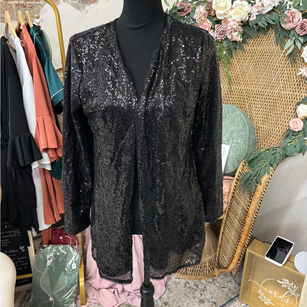 Black Sequin Open Front Jacket